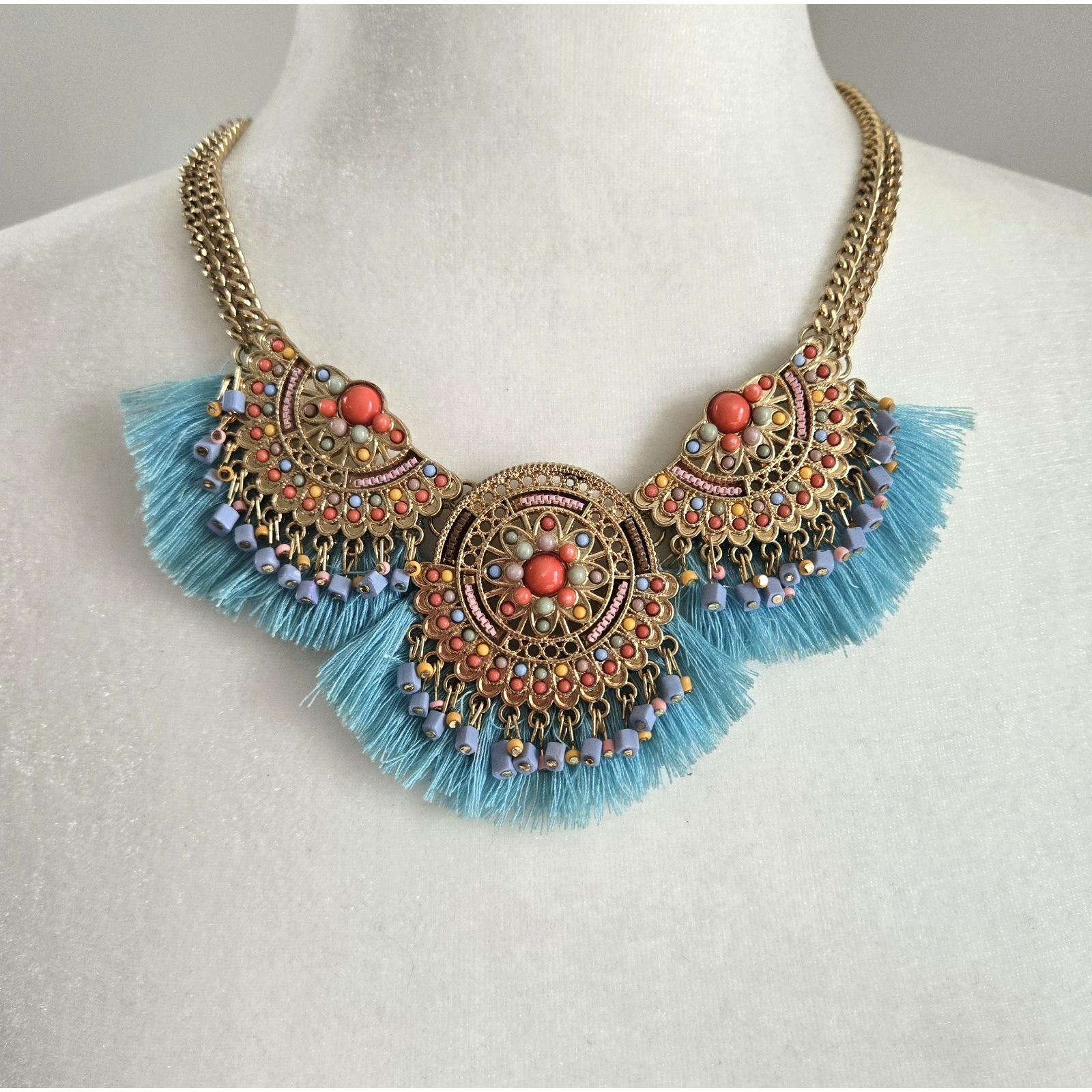 Boho Necklace Colorful Beads Goldtone Tribal Southwest Aztec Festival Maximalist